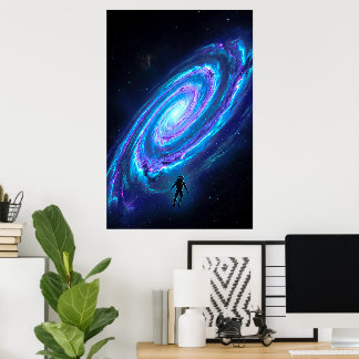 Eenzame astronaut gloeiende kosmische spiraalstels poster