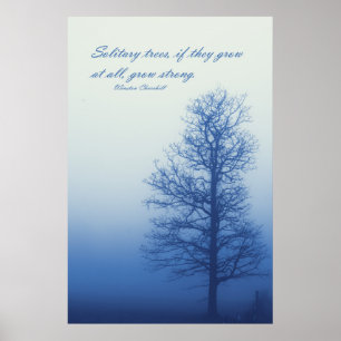 Eenzame Bomen Groeien Sterk - Silhouet in Nevel Poster