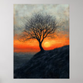 Eenzame Boom Zonsondergang in Houtskool en Warme T Poster (Voorkant)