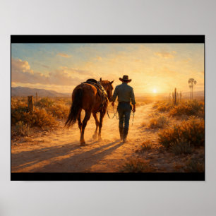 Eenzame cowboy loopt naast paard poster