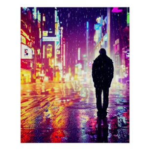 Eenzame cyberpunk in het Poster van de regen Perfect Poster