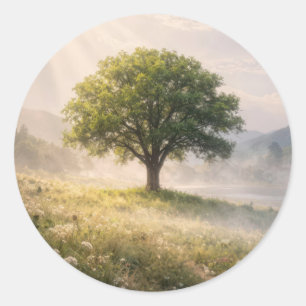 Eenzame groene boom in nevel met zonnestralen ronde sticker