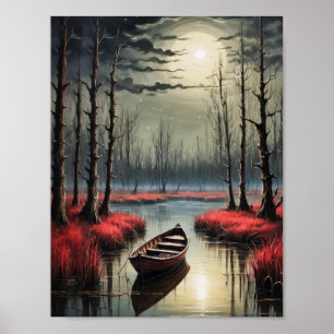 Eenzame kleine boot onder maanlicht poster