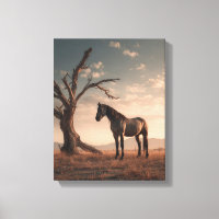 Eenzame Paard Woestijn Boom Zonsondergang Kunst