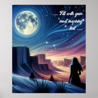 Eenzame vrouw zit naar de maan te kijken poster