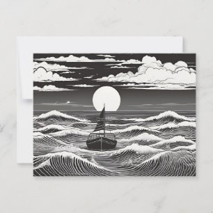 Eenzame zeilboot in maanverlichte golven boven de briefkaart