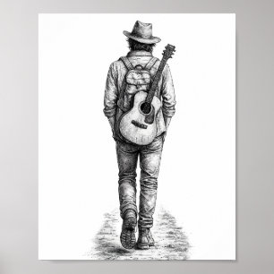 Eenzame Zwervers met Gitaar Potloodschets Muurkuns Poster