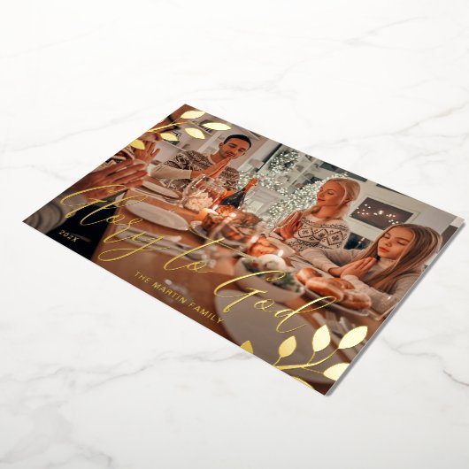 Eer aan God Rood Botanisch Kerst Foto Folie Feestdagenkaart (Gedraaid)