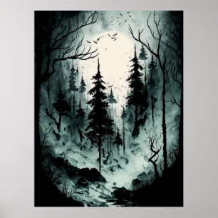 Eerie Black and White Ink Forest Poster
