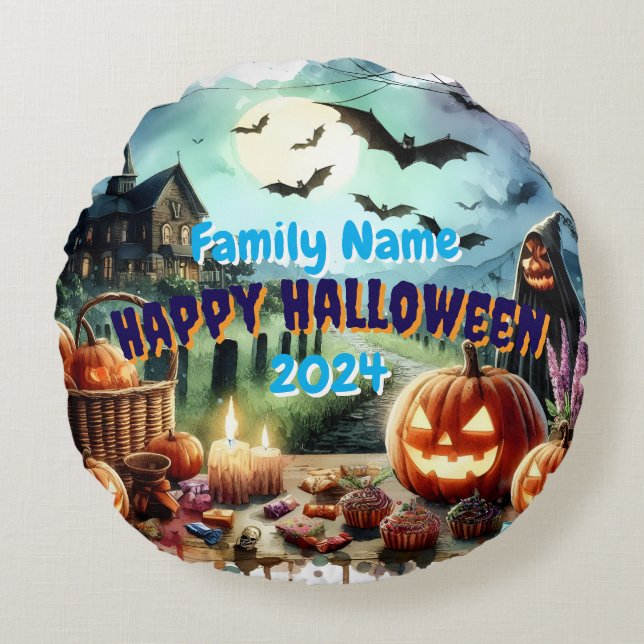 Eerie Halloween Night Waterverf Rond Kussen (Voorkant)