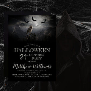Eerie Owl Bats Night Halloween 21st Birthday Party Kaart