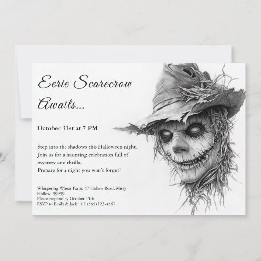 Eerie Scarecrow Halloween Invitation noir et blanc (Devant)