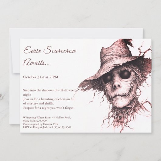 Eerie Scarecrow Halloween Invitation noir et blanc (Devant)
