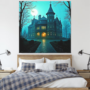 Eerie Victoriaans Mansion Moonlight Canvas Afdruk