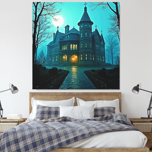 Eerie Victoriaans Mansion Moonlight Canvas Afdruk (Insitu (Slaapkamer))