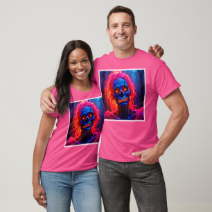 Eerlijk skelet met roze haarontwerp t-shirt