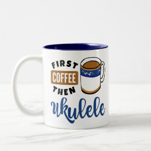 Eerst koffie dan ukulele muziekliefhebber tweekleurige koffiemok