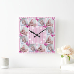 Eerste 12 maanden baby foto collage roze vlinder vierkante klok