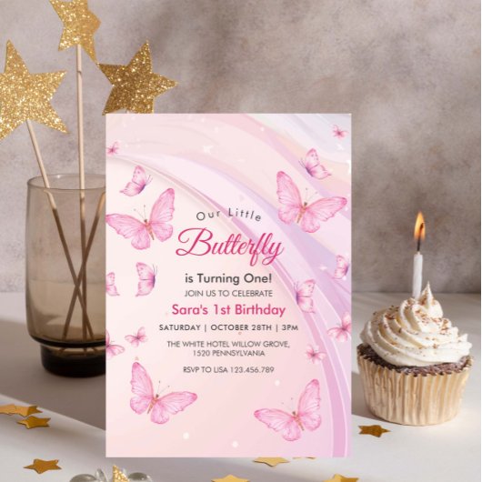 Eerste 1e verjaardag Baby Girl Butterflies Party Kaart