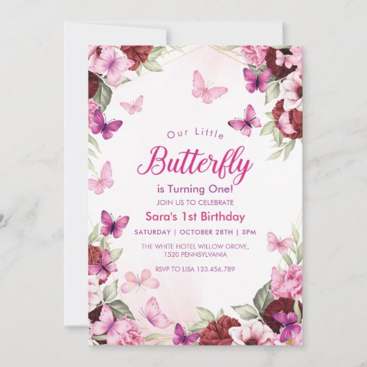 Eerste 1e verjaardag Chic bloem vlinders Feest Kaart (Voorkant)