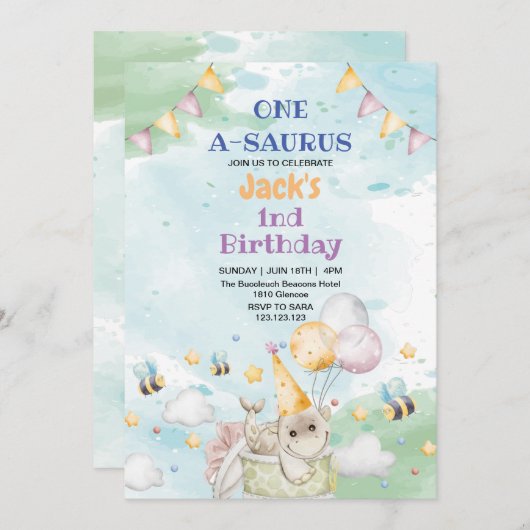Eerste 1e Verjaardag Dino Dinosaur waterverf Kaart (Voorkant / Achterkant)