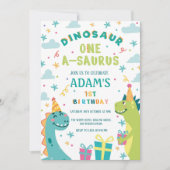 Eerste 1e verjaardag Groen & Blauw Dinosaur Party Kaart (Voorkant)