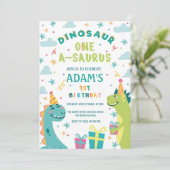 Eerste 1e verjaardag Groen & Blauw Dinosaur Party Kaart (Staand voorkant)