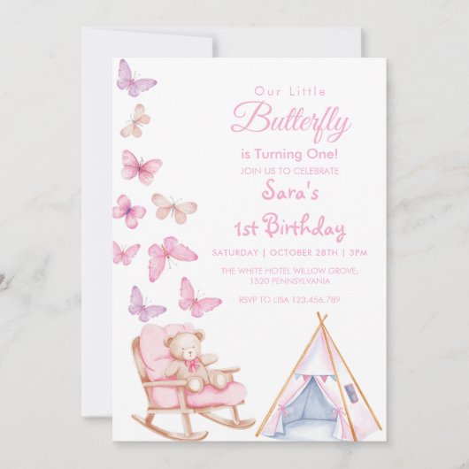 Eerste 1e Verjaardag Schattige Beer LItlle Butterf Kaart (Voorkant)