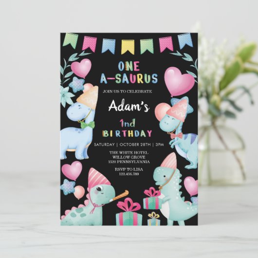 Eerste 1e Verjaardag Waterverf Dinosaur Party Zwar Kaart (Staand voorkant)