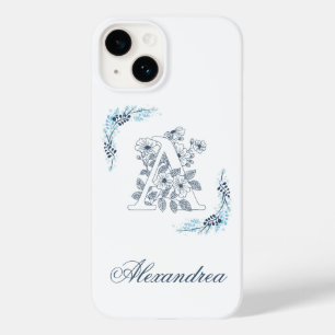 Eerste "A" Blauwe Monogram Rustige Bloem Case-Mate iPhone 14 Hoesje