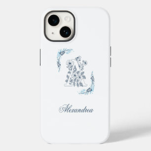 Eerste "A" Blauwe Monogram Rustige Bloem iPhone 14 Hoesje