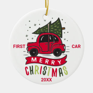 Eerste auto kerstmis rode auto boom aangepaste tek keramisch ornament