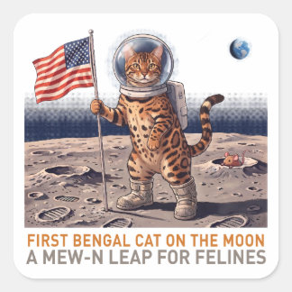 Eerste Bengaalse Kat op de Maan - Retro Ruimte Fel Vierkante Sticker