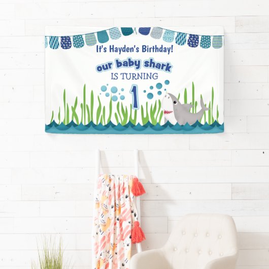 Eerste Birthday Blue Blauwgroen Shark Ocean Kind B Spandoek (Insitu)
