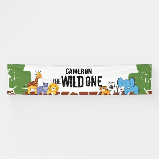 Eerste Birthday Safari Oerwoud Wild One Personaliz Spandoek (Horizontaal)
