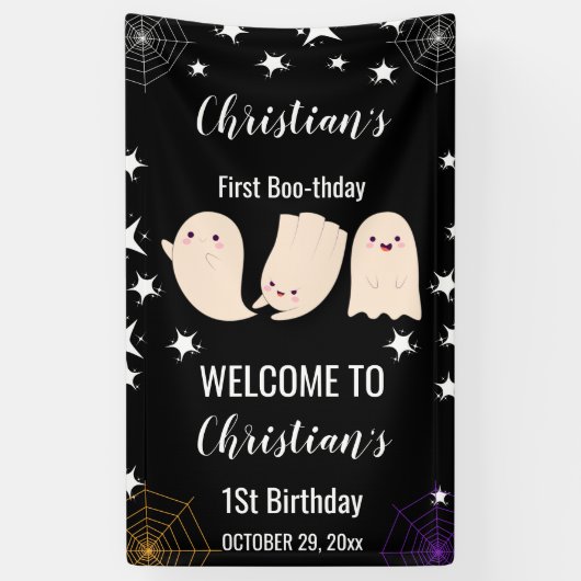 Eerste Boo-verjaardag Halloween Ghost 1e Verjaarda Spandoek (Verticaal)