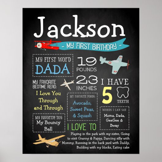 Eerste bord van de Birthday Chalkboard "Planes" 16 Poster (Voorkant)