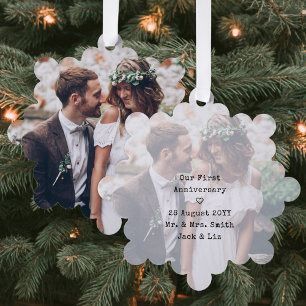 Eerste bruiloft Jubileum 2 foto's papier kerst Ornament Kaart