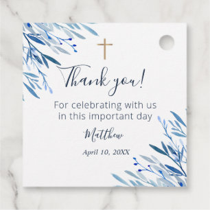 Eerste communie, Baptism Blue Greenery Favor Tags Bedankjes Labels