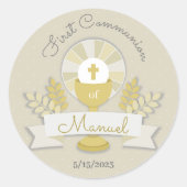 Eerste communie, beige eerste communie ronde sticker (Voorkant)