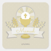 Eerste communie, beige eerste communie vierkante sticker (Voorkant)