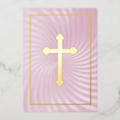 Eerste communie / bevestiging roze wervelkruis folie uitnodiging (Voorkant)