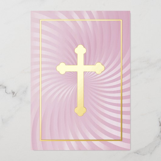 Eerste communie / bevestiging roze wervelkruis folie uitnodiging (Voorkant)
