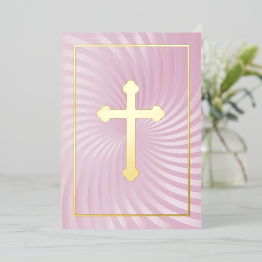 Eerste communie / bevestiging roze wervelkruis folie uitnodiging (Staand Voorkant)