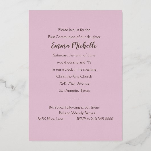 Eerste communie / bevestiging roze wervelkruis folie uitnodiging (Achterkant)