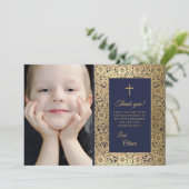 Eerste Communie Blauw Goud Bloemenfoto Bedankkaart (Staand voorkant)