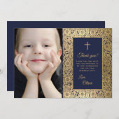 Eerste Communie Blauw Goud Bloemenfoto Bedankkaart (Voorkant / Achterkant)