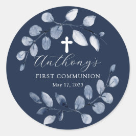 Eerste Communie Blauwe Blad Ronde Sticker