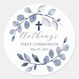 Eerste communie Blauwe Blad Ronde Sticker