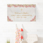 Eerste Communie Bloemen Roze Orchideeën Script Wel Spandoek (Insitu)